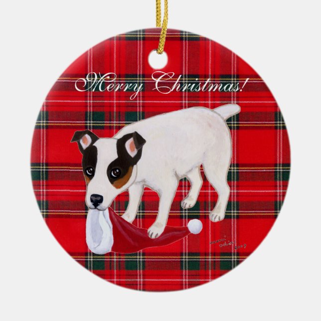 Ornamento De Cerâmica Tartan do Natal de Jack Russell Terrier (Frente)