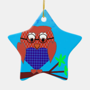 Ornamento De Cerâmica Tartan e Hearts Owl
