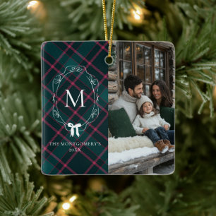 Ornamento De Cerâmica Tartan Verde e Rosa Monograma com Laço Coquette