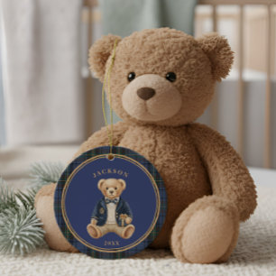 Ornamento De Cerâmica Tartan Xadrez Azul   Urso de Natal