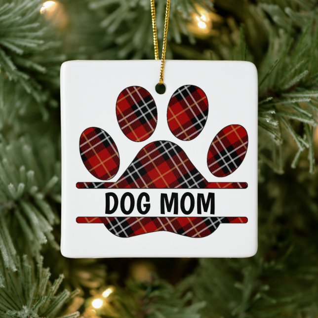 Ornamento De Cerâmica Tartan Xadrez DOG MOM Pawprint (Árvore)