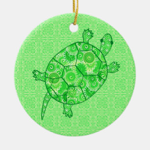 Ornamento De Cerâmica Tartaruga espiritual fractal - limão e esmeralda