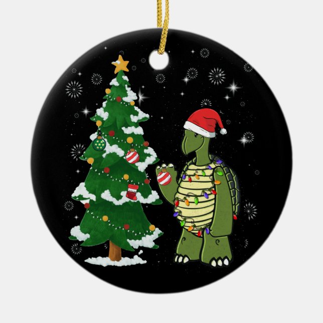 Ornamento De Cerâmica Tartaruga marinha Vestindo Santa Chapéu Feliz Nata (Frente)