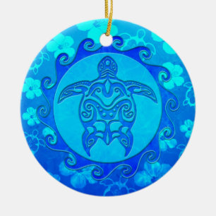 Ornamento De Cerâmica Tartaruga tribal azul Sun