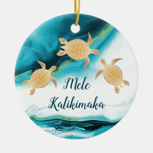 Ornamento De Cerâmica Tartarugas Douradas | Mele Kalikimaka | Natal (Frente)