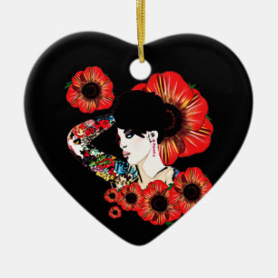 Ornamento De Cerâmica Tattoo inked girl entre as flores de papoila Art b