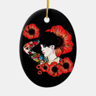 Ornamento De Cerâmica Tattoo inked girl entre as flores de papoila Art b