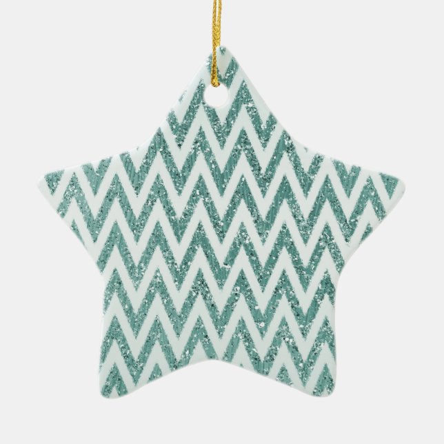 Ornamento De Cerâmica Teal Green e White Faux Glitter Zigzag (Frente)