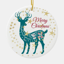 Ornamento De Cerâmica Teal Reindeer Ouro Estrelas Elegante Ceram