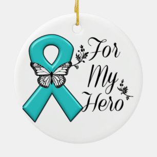Ornamento De Cerâmica Teal Ribbon Para O Meu Herói