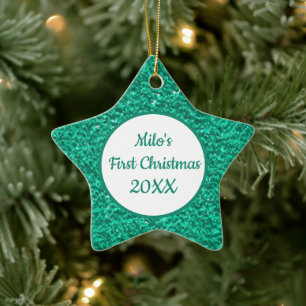 Ornamento De Cerâmica Teal Star Pet Foto Primeiro Nome de Natal e Ano