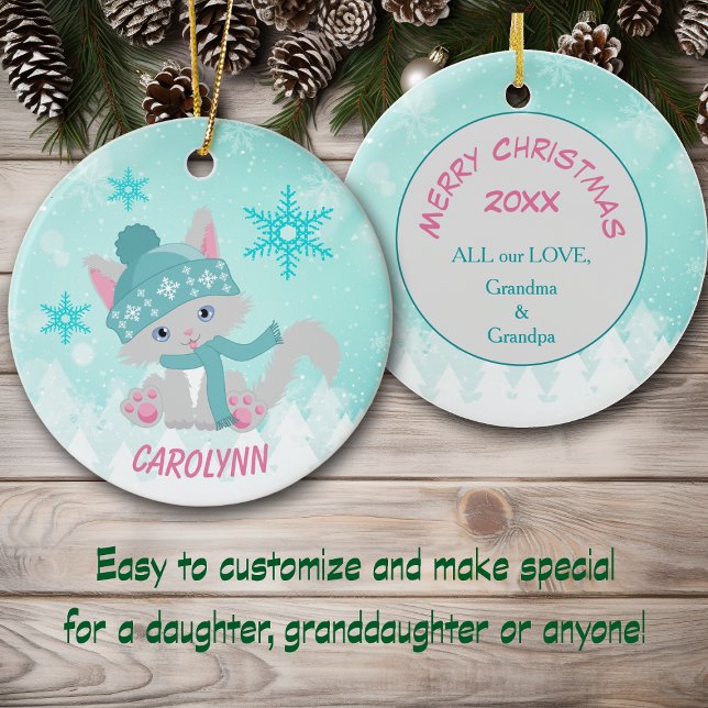 Ornamento De Cerâmica Teal Winter Snowflake Kitten Kid s (Criador carregado)