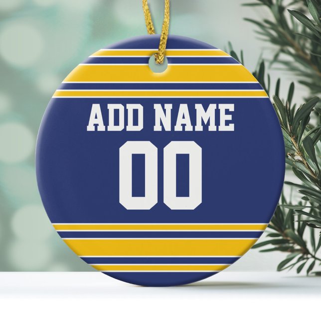 Ornamento De Cerâmica Team Jersey com nome e número personalizados (Personalized Christmas Ornament - Football Sorts Jersey Stripes)