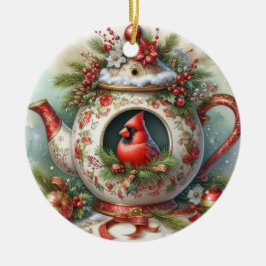 Ornamento De Cerâmica Teapot Birdhouse Cardinal 4