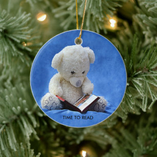 Ornamento De Cerâmica Teddy Bear Time to Read Blue Stuffed Animal, ZKOA