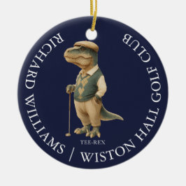 Ornamento De Cerâmica Tee-Rex Dinossauro Golfista Nome e Clube Azul Mari