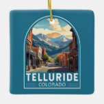 Ornamento De Cerâmica Telluride Colorado Viagem Art Vintage<br><div class="desc">Design de viagem de vetor de telureto em um estilo emblem. Telluride,  uma antiga cidade de mineração vitoriana nas Montanhas Rochosas do Colorado,  é colocada num caixão em meio a picos florestais na base de um popular resort de esqui e golfe.</div>