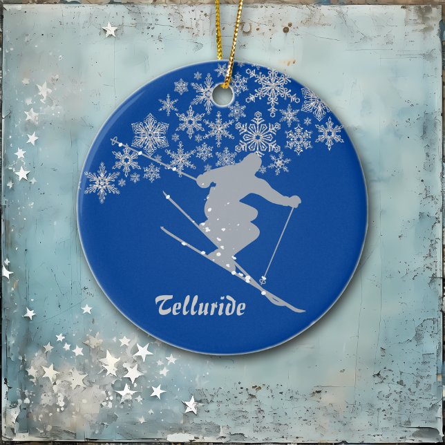 Ornamento De Cerâmica Telluride Snowflake Skier Personalizado (Criador carregado)