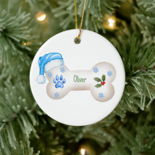 Ornamento De Cerâmica Tema Azul Osso de Cachorro de Natal Personalizável