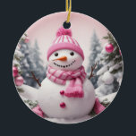 Ornamento De Cerâmica Tema Rosa Personalizado Snowman de Natal<br><div class="desc">Tema Rosa Personalizado Snowman de Natal</div>