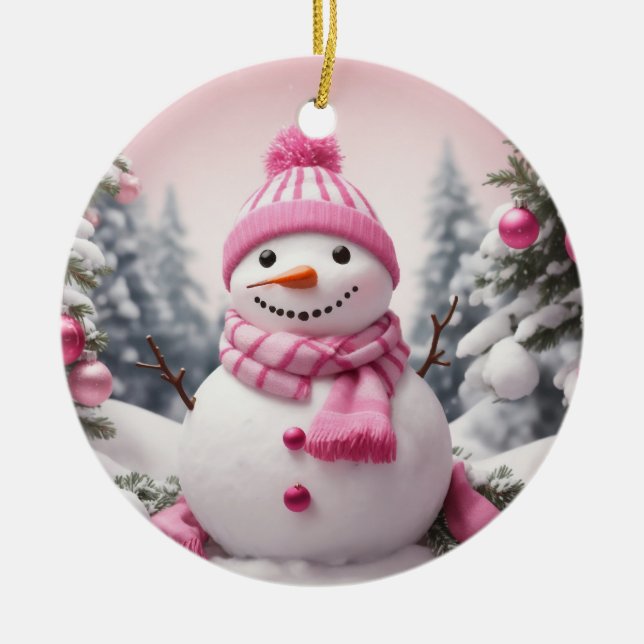 Ornamento De Cerâmica Tema Rosa Personalizado Snowman de Natal (Frente)