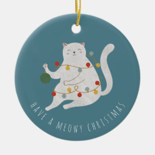 Ornamento De Cerâmica Tenha um gato de luzes de fada de Natal sujas