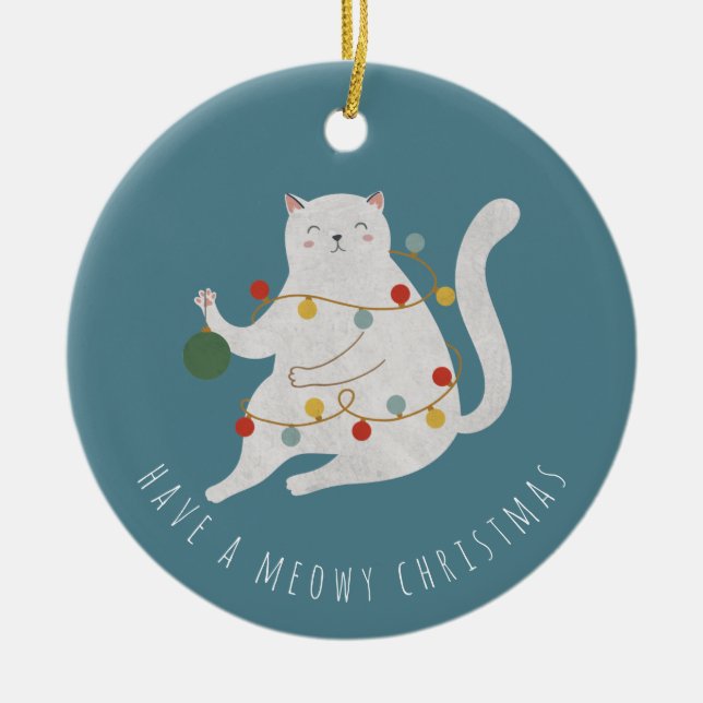 Ornamento De Cerâmica Tenha um gato de luzes de fada de Natal sujas (Frente)