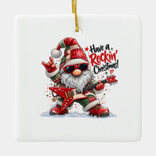 Ornamento De Cerâmica Tenha um Gnome de Guitarra de Natal Rockin'