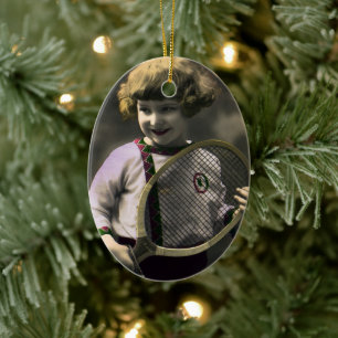 Ornamento De Cerâmica Tênis Esportivo Vintage, Garota Feliz com Raquete