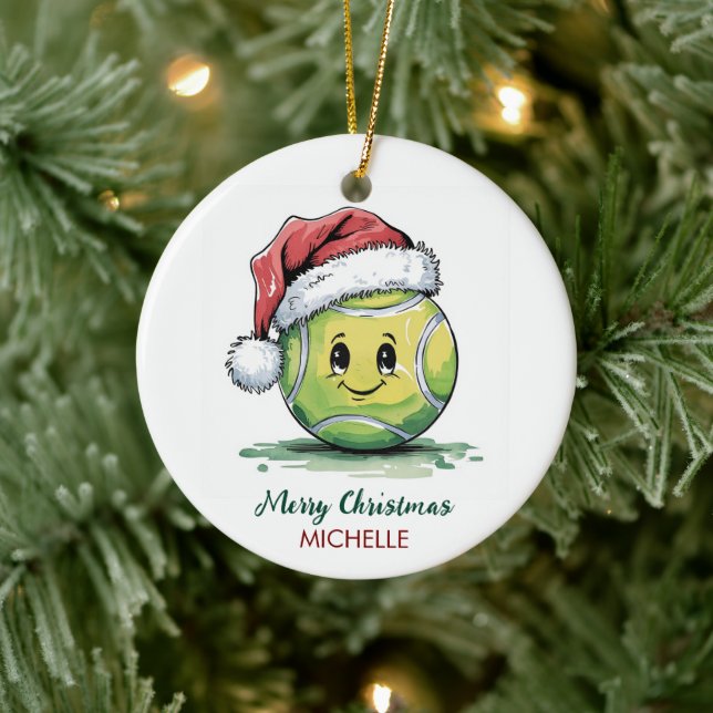 Ornamento De Cerâmica  Tennis Ball with Santa Hat Custom Christmas       (Árvore)