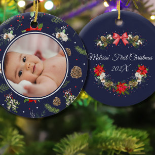 Ornamento De Cerâmica Terra de Natal Botânica Elegante Primeiro Natal