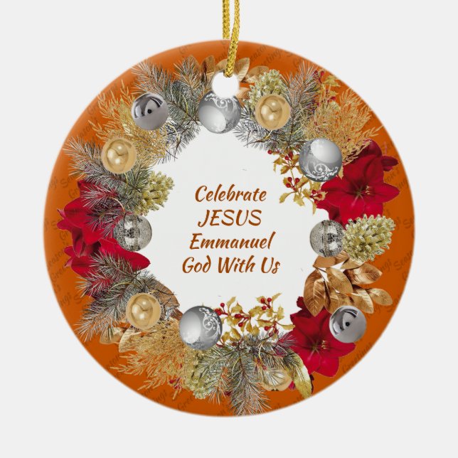 Ornamento De Cerâmica Terra de Natal CÉREBRO laranja Personalizado JESUS (Frente)