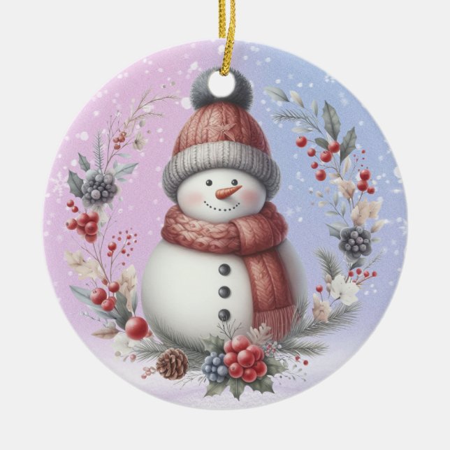 Ornamento De Cerâmica Terra de Natal de Snowman Adorável (Frente)