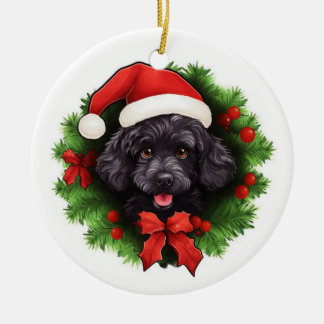Ornamento De Cerâmica Terra de Natal do Poodle Negro