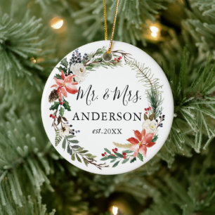 Ornamento De Cerâmica Terra Floral Elegante de Aquarela Recém-Casada