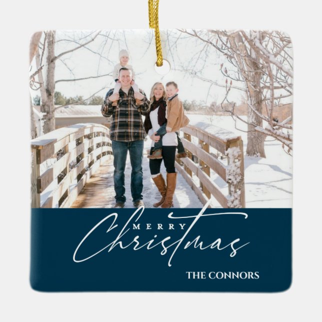 Ornamento De Cerâmica Terracotta Foto Feliz Família de Roteiros de Natal (Frente)