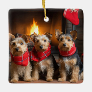 Ornamento De Cerâmica Terrier Australiano junto à Lareira Natal