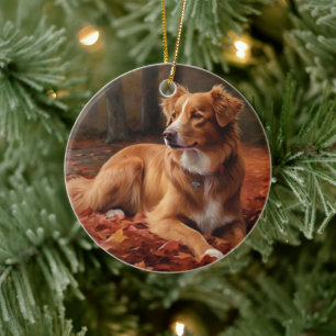 Ornamento De Cerâmica Terrier de Pato da Nova Escócia no Outono Folhas C