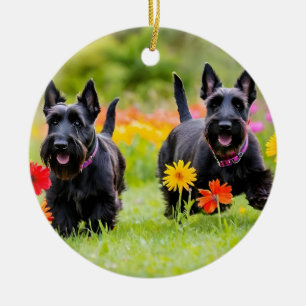 Ornamento De Cerâmica Terriers Escoceses saltitando na grama e nas flore