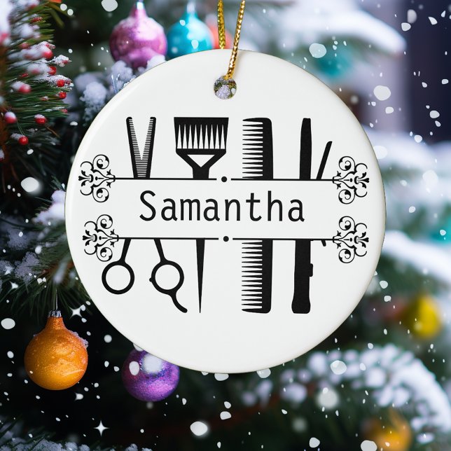 Ornamento De Cerâmica Tesoura Personalizada Hair Stylist (Criador carregado)