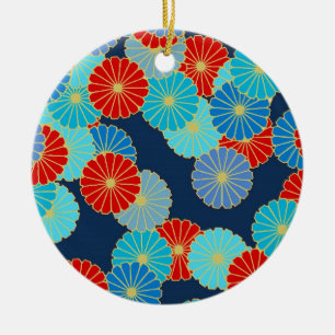 Ornamento De Cerâmica Teste padrão de flor do art deco - azul, turquesa