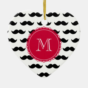 Ornamento De Cerâmica Teste padrão preto do bigode, monograma vermelho