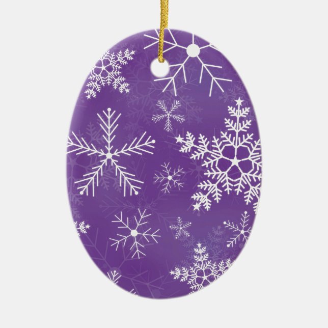 Ornamento De Cerâmica Teste padrão roxo e branco do floco de neve (Frente)