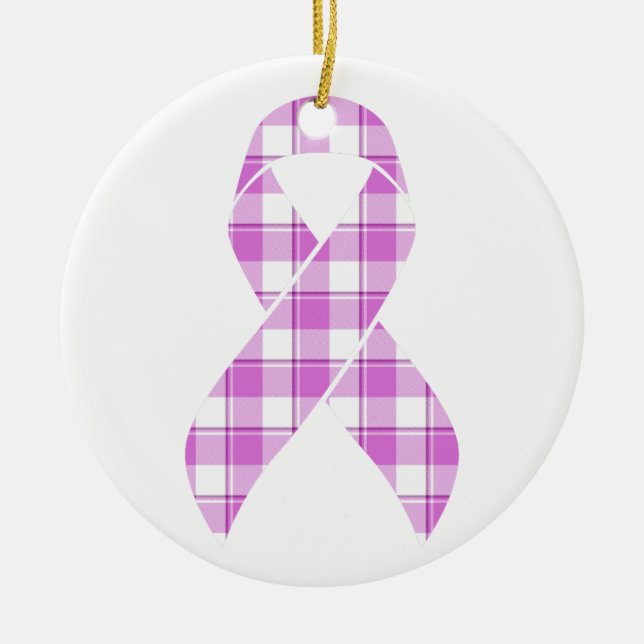 Ornamento De Cerâmica Testicular Cancer Awareness Plaid Purple Ribbon (Frente)