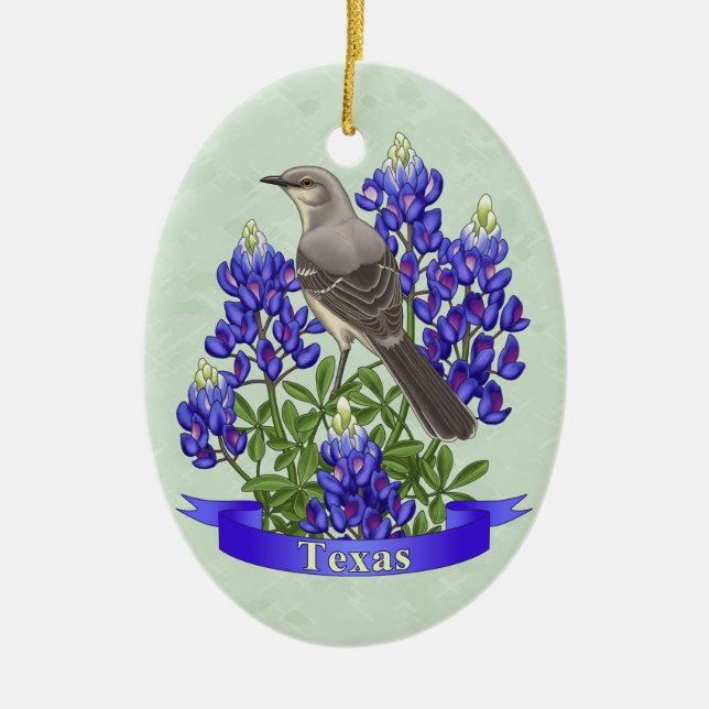 Ornamento De Cerâmica Texas State Mockingbird & Bluebonnet Flower (Frente)