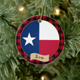 Ornamento De Cerâmica Texas, xadrez de búfalos vermelhos e Texas Flag, E