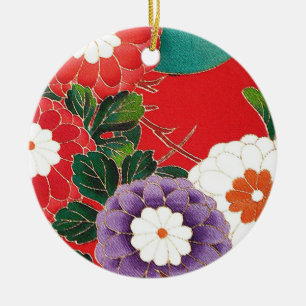 Ornamento De Cerâmica Têxtil Japonês Vintage - Dahlias Vermelhas