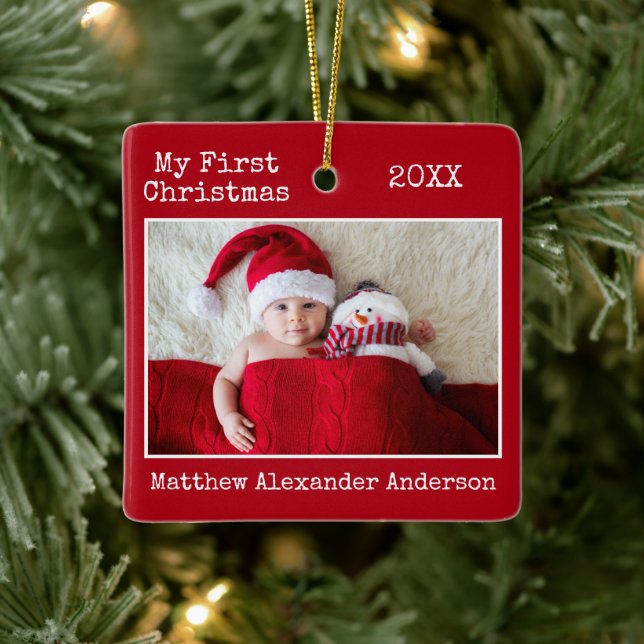 Ornamento De Cerâmica Texto da Máquina de Escrever Meu Primeiro Bebê de  (Árvore)