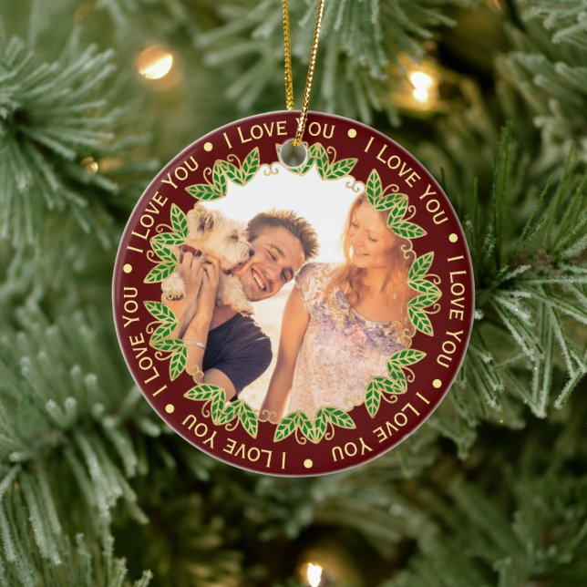 Ornamento De Cerâmica Texto de Fotografia e Editável | Vermelho Elegante (Árvore)