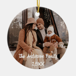 Ornamento De Cerâmica Texto do Script Branco Personalizado de Foto de Co